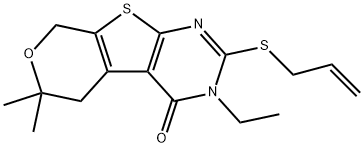 2-(allylsulfanyl)-3-ethyl-6,6-dimethyl-3,5,6,8-tetrahydro-4H-pyrano[4',3':4,5]thieno[2,3-d]pyrimidin-4-one Struktur