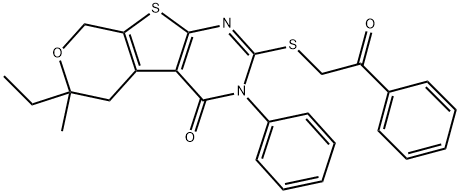 6-ethyl-6-methyl-2-[(2-oxo-2-phenylethyl)sulfanyl]-3-phenyl-3,5,6,8-tetrahydro-4H-pyrano[4',3':4,5]thieno[2,3-d]pyrimidin-4-one Struktur