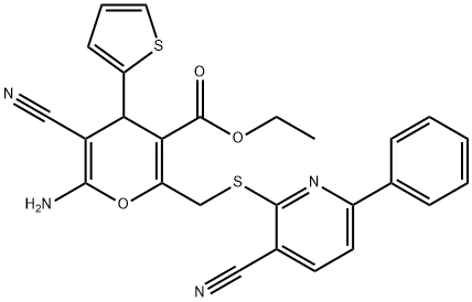 ethyl 6-amino-5-cyano-2-{[(3-cyano-6-phenyl-2-pyridinyl)sulfanyl]methyl}-4-(2-thienyl)-4H-pyran-3-carboxylate Struktur