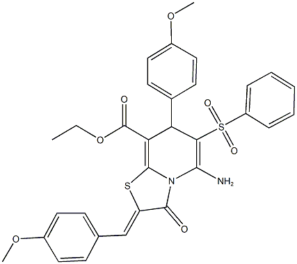 ethyl 5-amino-2-(4-methoxybenzylidene)-7-(4-methoxyphenyl)-3-oxo-6-(phenylsulfonyl)-2,3-dihydro-7H-[1,3]thiazolo[3,2-a]pyridine-8-carboxylate Struktur