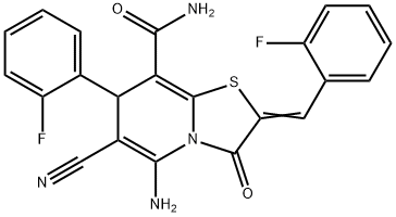 5-amino-6-cyano-2-(2-fluorobenzylidene)-7-(2-fluorophenyl)-3-oxo-2,3-dihydro-7H-[1,3]thiazolo[3,2-a]pyridine-8-carboxamide Struktur