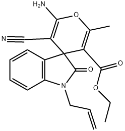 1-allyl-6'-amino-5'-cyano-1,3-dihydro-3'-ethoxycarbonyl-2'-methyl-2-oxospiro[2H-indole-3,4'-(4'H)-pyran] Struktur