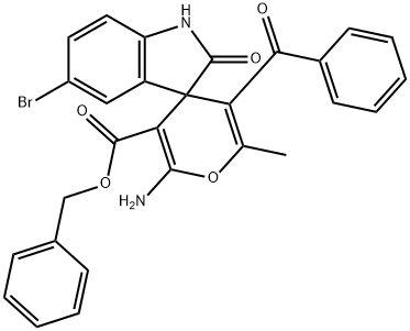 benzyl 2-amino-5'-bromo-5-benzoyl-1',3'-dihydro-6-methyl-2'-oxospiro[4H-pyran-4,3'-2H-indole]-3-carboxylate Struktur