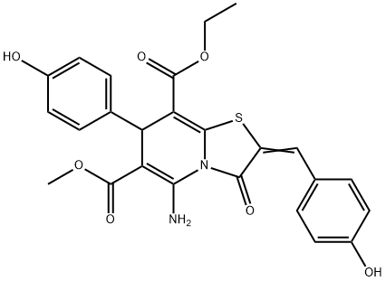 8-ethyl 6-methyl 5-amino-2-(4-hydroxybenzylidene)-7-(4-hydroxyphenyl)-3-oxo-2,3-dihydro-7H-[1,3]thiazolo[3,2-a]pyridine-6,8-dicarboxylate Struktur