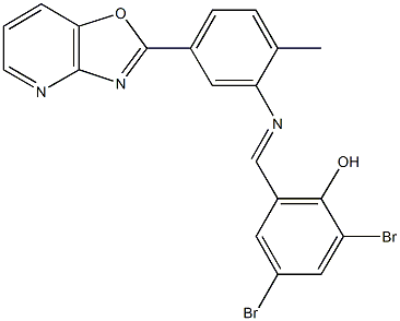 2,4-dibromo-6-{[(2-methyl-5-[1,3]oxazolo[4,5-b]pyridin-2-ylphenyl)imino]methyl}phenol Struktur