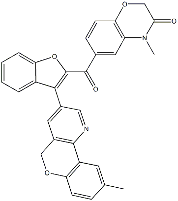 4-methyl-6-{[3-(9-methyl-5H-chromeno[4,3-b]pyridin-3-yl)-1-benzofuran-2-yl]carbonyl}-2H-1,4-benzoxazin-3(4H)-one Struktur