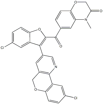 6-{[5-chloro-3-(9-chloro-5H-chromeno[4,3-b]pyridin-3-yl)-1-benzofuran-2-yl]carbonyl}-4-methyl-2H-1,4-benzoxazin-3(4H)-one Struktur