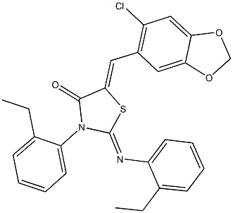 5-[(6-chloro-1,3-benzodioxol-5-yl)methylene]-3-(2-ethylphenyl)-2-[(2-ethylphenyl)imino]-1,3-thiazolidin-4-one Struktur