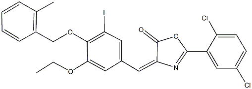 2-(2,5-dichlorophenyl)-4-{3-ethoxy-5-iodo-4-[(2-methylbenzyl)oxy]benzylidene}-1,3-oxazol-5(4H)-one Struktur