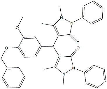 4-[[4-(benzyloxy)-3-methoxyphenyl](1,5-dimethyl-3-oxo-2-phenyl-2,3-dihydro-1H-pyrazol-4-yl)methyl]-1,5-dimethyl-2-phenyl-1,2-dihydro-3H-pyrazol-3-one Struktur