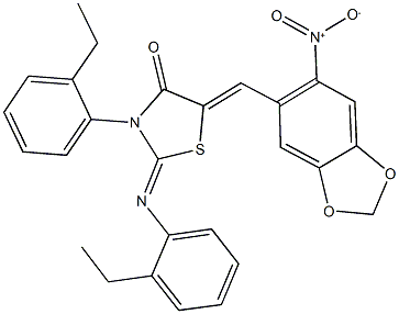 3-(2-ethylphenyl)-2-[(2-ethylphenyl)imino]-5-({6-nitro-1,3-benzodioxol-5-yl}methylene)-1,3-thiazolidin-4-one Struktur