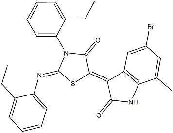 5-bromo-3-{3-(2-ethylphenyl)-2-[(2-ethylphenyl)imino]-4-oxo-1,3-thiazolidin-5-ylidene}-7-methyl-1,3-dihydro-2H-indol-2-one Struktur