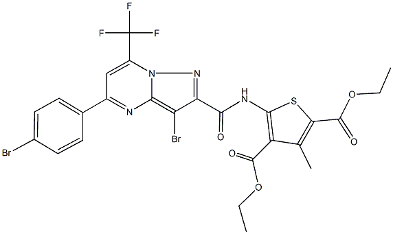 diethyl 5-({[3-bromo-5-(4-bromophenyl)-7-(trifluoromethyl)pyrazolo[1,5-a]pyrimidin-2-yl]carbonyl}amino)-3-methyl-2,4-thiophenedicarboxylate Struktur