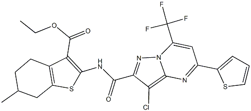 ethyl 2-({[3-chloro-5-(2-thienyl)-7-(trifluoromethyl)pyrazolo[1,5-a]pyrimidin-2-yl]carbonyl}amino)-6-methyl-4,5,6,7-tetrahydro-1-benzothiophene-3-carboxylate Struktur