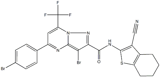 3-bromo-5-(4-bromophenyl)-N-(3-cyano-4,5,6,7-tetrahydro-1-benzothien-2-yl)-7-(trifluoromethyl)pyrazolo[1,5-a]pyrimidine-2-carboxamide Struktur