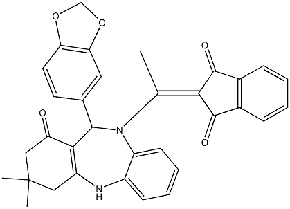 2-{1-[11-(1,3-benzodioxol-5-yl)-3,3-dimethyl-1-oxo-1,2,3,4,5,11-hexahydro-10H-dibenzo[b,e][1,4]diazepin-10-yl]ethylidene}-1H-indene-1,3(2H)-dione Struktur