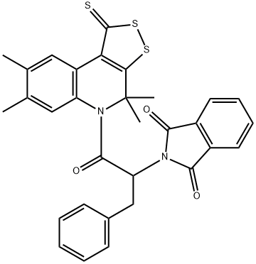 2-[1-benzyl-2-oxo-2-(4,4,7,8-tetramethyl-1-thioxo-1,4-dihydro-5H-[1,2]dithiolo[3,4-c]quinolin-5-yl)ethyl]-1H-isoindole-1,3(2H)-dione Struktur