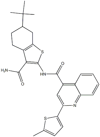 N-[3-(aminocarbonyl)-6-tert-butyl-4,5,6,7-tetrahydro-1-benzothien-2-yl]-2-(5-methyl-2-thienyl)-4-quinolinecarboxamide Struktur