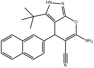 6-amino-3-tert-butyl-4-(2-naphthyl)-2,4-dihydropyrano[2,3-c]pyrazole-5-carbonitrile Struktur