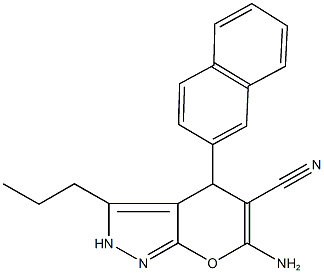 6-amino-4-(2-naphthyl)-3-propyl-2,4-dihydropyrano[2,3-c]pyrazole-5-carbonitrile Struktur