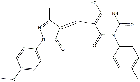 6-hydroxy-5-{[1-(4-methoxyphenyl)-3-methyl-5-oxo-1,5-dihydro-4H-pyrazol-4-ylidene]methyl}-3-(4-methylphenyl)-2,4(1H,3H)-pyrimidinedione Struktur