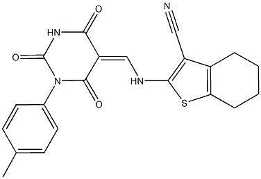 2-({[1-(4-methylphenyl)-2,4,6-trioxotetrahydro-5(2H)-pyrimidinylidene]methyl}amino)-4,5,6,7-tetrahydro-1-benzothiophene-3-carbonitrile Struktur