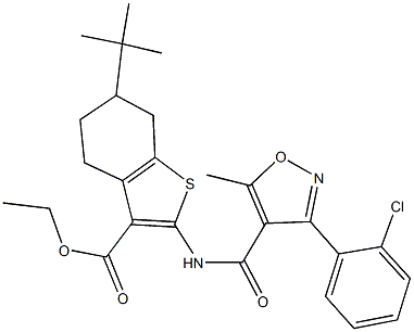 ethyl 6-tert-butyl-2-({[3-(2-chlorophenyl)-5-methyl-4-isoxazolyl]carbonyl}amino)-4,5,6,7-tetrahydro-1-benzothiophene-3-carboxylate Struktur