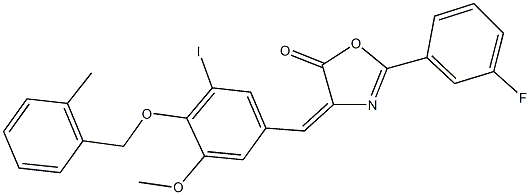 2-(3-fluorophenyl)-4-{3-iodo-5-methoxy-4-[(2-methylbenzyl)oxy]benzylidene}-1,3-oxazol-5(4H)-one Struktur