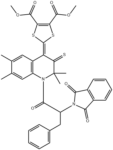 dimethyl 2-(1-[2-(1,3-dioxo-1,3-dihydro-2H-isoindol-2-yl)-3-phenylpropanoyl]-2,2,6,7-tetramethyl-3-thioxo-2,3-dihydro-4(1H)-quinolinylidene)-1,3-dithiole-4,5-dicarboxylate Struktur