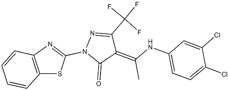 2-(1,3-benzothiazol-2-yl)-4-[1-(3,4-dichloroanilino)ethylidene]-5-(trifluoromethyl)-2,4-dihydro-3H-pyrazol-3-one Struktur