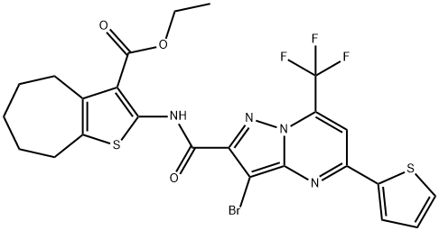 ethyl 2-({[3-bromo-5-(2-thienyl)-7-(trifluoromethyl)pyrazolo[1,5-a]pyrimidin-2-yl]carbonyl}amino)-5,6,7,8-tetrahydro-4H-cyclohepta[b]thiophene-3-carboxylate Struktur