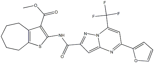 methyl 2-({[5-(2-furyl)-7-(trifluoromethyl)pyrazolo[1,5-a]pyrimidin-2-yl]carbonyl}amino)-5,6,7,8-tetrahydro-4H-cyclohepta[b]thiophene-3-carboxylate Struktur