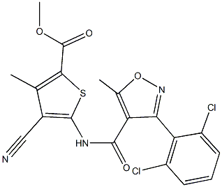 methyl 4-cyano-5-({[3-(2,6-dichlorophenyl)-5-methyl-4-isoxazolyl]carbonyl}amino)-3-methyl-2-thiophenecarboxylate Struktur