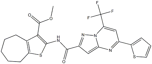 methyl 2-({[5-(2-thienyl)-7-(trifluoromethyl)pyrazolo[1,5-a]pyrimidin-2-yl]carbonyl}amino)-5,6,7,8-tetrahydro-4H-cyclohepta[b]thiophene-3-carboxylate Struktur