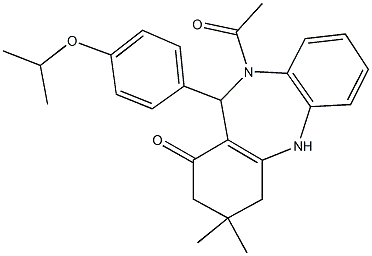 10-acetyl-11-(4-isopropoxyphenyl)-3,3-dimethyl-2,3,4,5,10,11-hexahydro-1H-dibenzo[b,e][1,4]diazepin-1-one Struktur