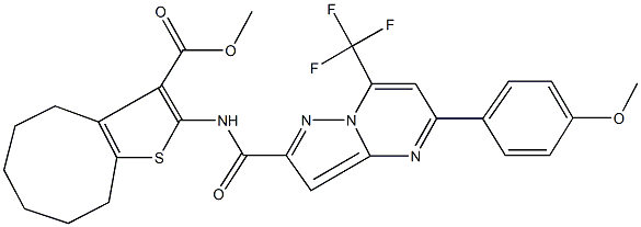 methyl 2-({[5-(4-methoxyphenyl)-7-(trifluoromethyl)pyrazolo[1,5-a]pyrimidin-2-yl]carbonyl}amino)-4,5,6,7,8,9-hexahydrocycloocta[b]thiophene-3-carboxylate Struktur