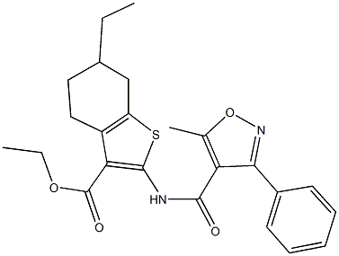 ethyl 6-ethyl-2-{[(5-methyl-3-phenyl-4-isoxazolyl)carbonyl]amino}-4,5,6,7-tetrahydro-1-benzothiophene-3-carboxylate Struktur