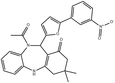 10-acetyl-11-(5-{3-nitrophenyl}-2-furyl)-3,3-dimethyl-2,3,4,5,10,11-hexahydro-1H-dibenzo[b,e][1,4]diazepin-1-one Struktur