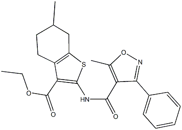 ethyl 6-methyl-2-{[(5-methyl-3-phenyl-4-isoxazolyl)carbonyl]amino}-4,5,6,7-tetrahydro-1-benzothiophene-3-carboxylate Struktur