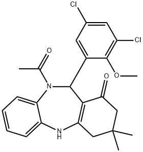 10-acetyl-11-(3,5-dichloro-2-methoxyphenyl)-3,3-dimethyl-2,3,4,5,10,11-hexahydro-1H-dibenzo[b,e][1,4]diazepin-1-one Struktur