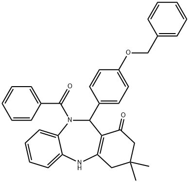 10-benzoyl-11-[4-(benzyloxy)phenyl]-3,3-dimethyl-2,3,4,5,10,11-hexahydro-1H-dibenzo[b,e][1,4]diazepin-1-one Struktur