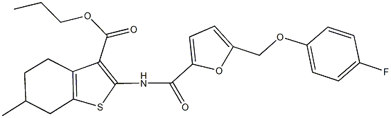 propyl 2-({5-[(4-fluorophenoxy)methyl]-2-furoyl}amino)-6-methyl-4,5,6,7-tetrahydro-1-benzothiophene-3-carboxylate Struktur