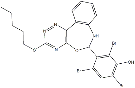 2,4,6-tribromo-3-[3-(pentylsulfanyl)-6,7-dihydro[1,2,4]triazino[5,6-d][3,1]benzoxazepin-6-yl]phenol Struktur