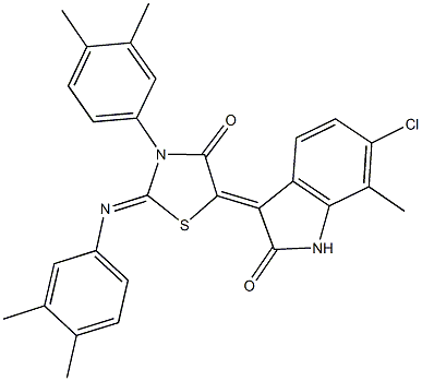 6-chloro-3-{3-(3,4-dimethylphenyl)-2-[(3,4-dimethylphenyl)imino]-4-oxo-1,3-thiazolidin-5-ylidene}-7-methyl-1,3-dihydro-2H-indol-2-one Struktur