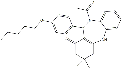 10-acetyl-3,3-dimethyl-11-[4-(pentyloxy)phenyl]-2,3,4,5,10,11-hexahydro-1H-dibenzo[b,e][1,4]diazepin-1-one Struktur