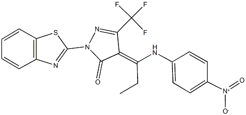 2-(1,3-benzothiazol-2-yl)-4-(1-{4-nitroanilino}propylidene)-5-(trifluoromethyl)-2,4-dihydro-3H-pyrazol-3-one Struktur