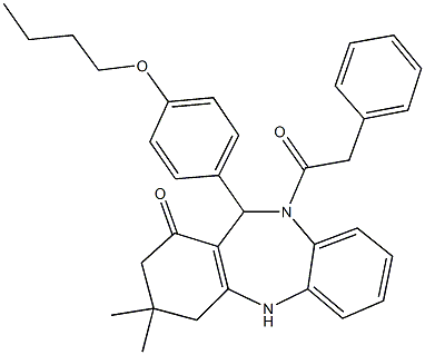 11-(4-butoxyphenyl)-3,3-dimethyl-10-(phenylacetyl)-2,3,4,5,10,11-hexahydro-1H-dibenzo[b,e][1,4]diazepin-1-one Struktur