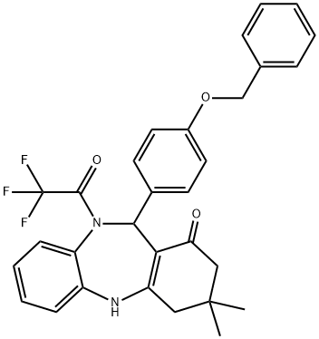 11-[4-(benzyloxy)phenyl]-3,3-dimethyl-10-(trifluoroacetyl)-2,3,4,5,10,11-hexahydro-1H-dibenzo[b,e][1,4]diazepin-1-one Struktur