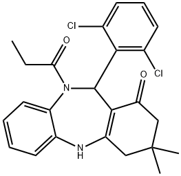 11-(2,6-dichlorophenyl)-3,3-dimethyl-10-propionyl-2,3,4,5,10,11-hexahydro-1H-dibenzo[b,e][1,4]diazepin-1-one Struktur