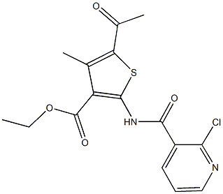 ethyl 5-acetyl-2-{[(2-chloro-3-pyridinyl)carbonyl]amino}-4-methyl-3-thiophenecarboxylate Struktur